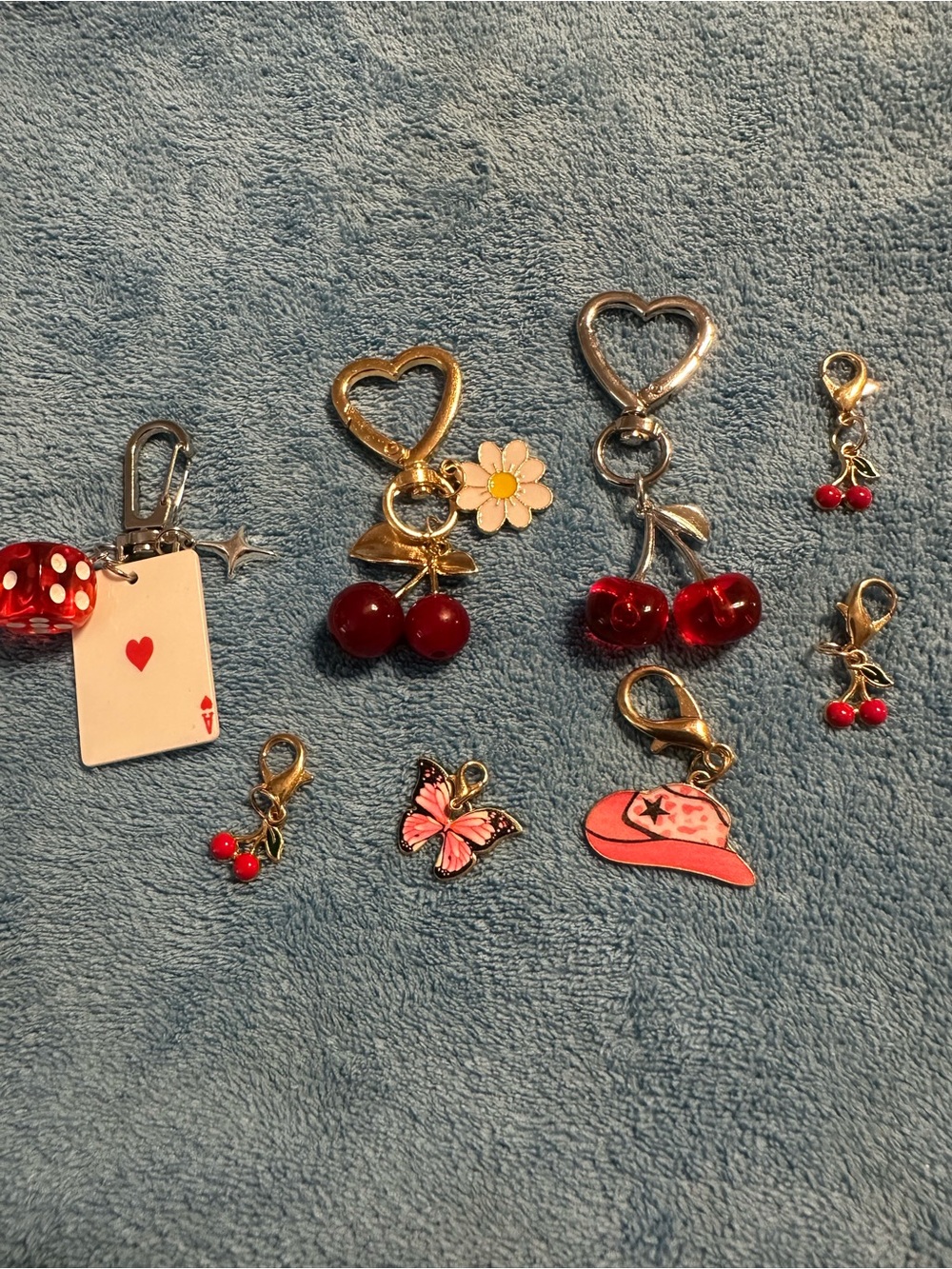 Cherry & Pink Enamel Charm Set - Heart Keyring & Cute Charms small zipper pulls
